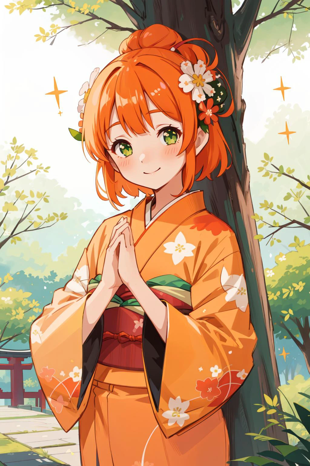 1girl, japanese clothes, hair ornament, flower, hair flower, solo, kimono, green eyes, tree, smile, own hands together, orange hair, looking at viewer, shrine, blush, praying, sparkle, floral print, wide sleeves