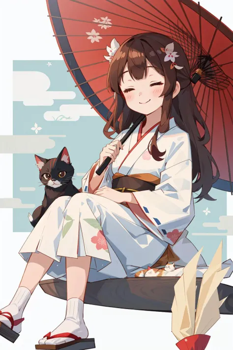 1girl, japanese clothes, brown hair, kimono, closed eyes, cat, umbrella, long hair, hair ornament, smile, sitting, yukata, oil-paper umbrella