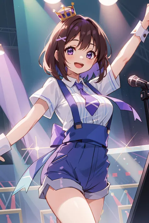 1girl, suspenders, open mouth, solo, purple eyes, smile, idol, shorts, crown, looking at viewer, white shirt, necktie, bow, wrist cuffs, shirt, brown hair, glowstick, :d, blue hair, mini crown, short sleeves, ribbon, outstretched arm, suspender shorts,stage lights, hair ornament, medium breasts, medium hair, breasts, bangs, stage, microphone, jewelry