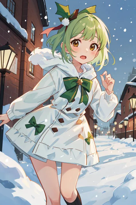 1girl, green hair, ribbon, brown eyes, hair ribbon, snowing, snow, looking at viewer, open mouth, solo, bow, snowflakes, lamppost, short hair, christmas