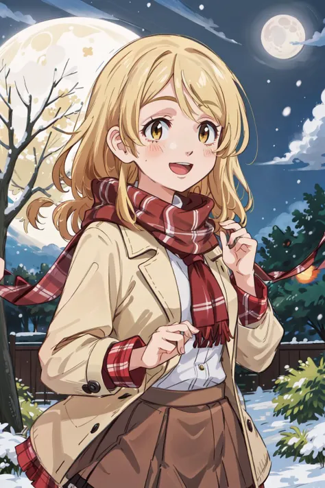 1girl, solo, Emma Sano, Blonder Hair, Eyes Yellow, <lora:sano_emma:0.6>, scarf, outdoors, night, skirt, red scarf, smile, moon, bare tree, tree, open mouth, brown skirt, blush, coat, full moon, snow, fur trim, plaid, winter, looking at viewer, :d, long sleeves, plaid skirt, snowing, night sky, winter clothes, sky, pleated skirt