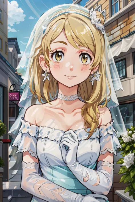 1girl, solo, Emma Sano, Blonder Hair, Eyes Yellow, <lora:sano_emma:0.6>, veil, gloves, dress, bridal veil, blush, smile, elbow gloves, wedding dress, jewelry, white gloves, white dress, looking at viewer, earrings, upper body, collarbone, hair bun, bare shoulders, choker, closed mouth, off shoulder, blurry, off-shoulder dress, blush, day, daylight, rose, white rose, ((outdoors)),