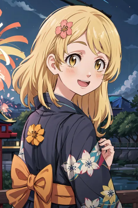 1girl, solo, Emma Sano, Blonder Hair, Eyes Yellow, <lora:sano_emma:0.6>, fireworks, japanese clothes, night, kimono, looking at viewer, sky, smile, looking back, open mouth, floral print, night sky, hair ornament, outdoors, from behind, sash, :d, railing, flower, hair flower, yukata, yellow kimono, bow, obi, blush, back bow