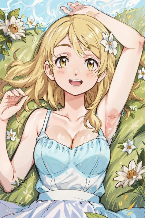 1girl, solo, Emma Sano, Blonder Hair, Eyes Yellow, <lora:sano_emma:0.6>, breasts, flower, lying, dress, on back, looking at viewer, smile, blush, cleavage, water, open mouth, armpits, hand on own stomach, white dress, hair flower