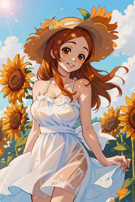 inoue orihime, orange, hair, long hair, (brown eyes:1.5), hairpin, smile, large breasts, <lora:inoueorihime:0.8>, 1girl, sunflower, hat, flower, dress, white dress, sundress, sky, looking at viewer, straw hat, day, smile, outdoors, cloud, sun hat, lips, bare shoulders, blue sky