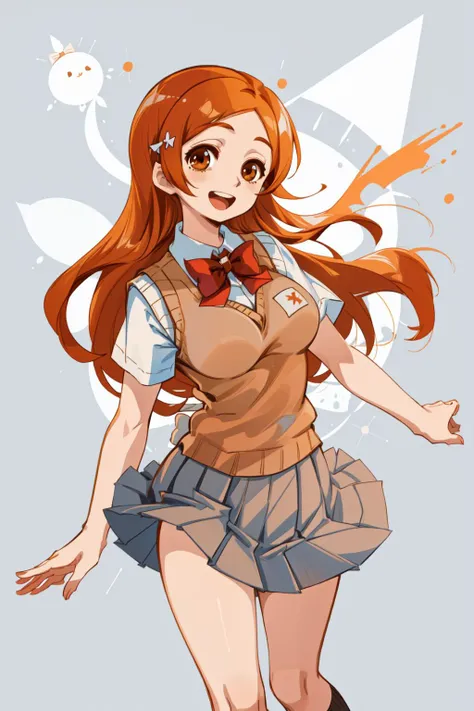 inoue orihime, orange, hair, long hair, (brown eyes:1.5), hairpin, smile, large breasts, <lora:inoueorihime:0.8>, 1girl, skirt,school uniform, short sleeves, grey skirt, pleated skirt, open mouth, sweater vest, miniskirt, bow, bowtie, looking at viewer, white shirt, red bow, shirt, red bowtie,