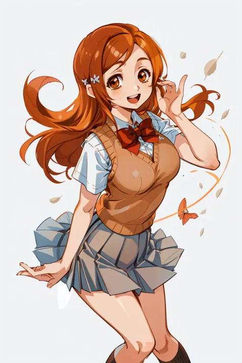 inoue orihime, orange, hair, long hair, (brown eyes:1.5), hairpin, smile, large breasts, <lora:inoueorihime:0.8>, 1girl, skirt,school uniform, short sleeves, grey skirt, pleated skirt, open mouth, sweater vest, miniskirt, bow, bowtie, looking at viewer, white shirt, red bow, shirt, red bowtie,