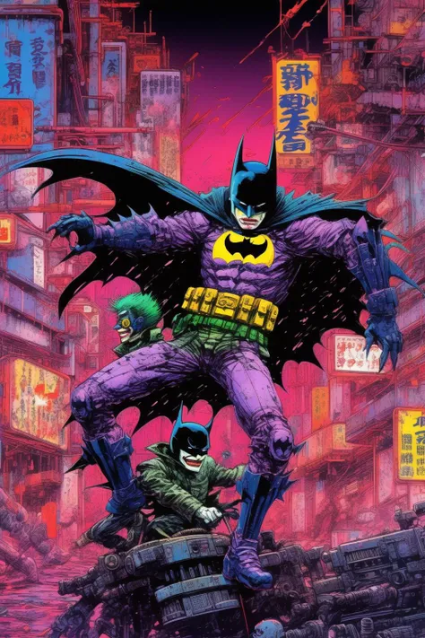 <lora:Liam Wong Style:1>Liam Wong Style - An action-packed scene of Batman fighting The Joker in a cyberpunk cityscape, with a gritty, neon-lit aesthetic. Highly detailed with sharp lines and bold colors, reminiscent of Japanese anime. Art by Masamune Shirow and Katsuhiro Otomo.