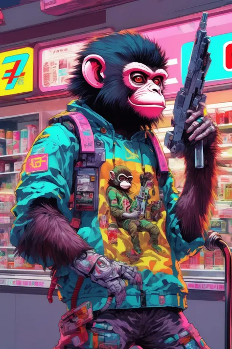 <lora:Liam Wong Style:1>Liam Wong Style - a monkey wearing streetwear, Vintage 90's anime style, cluttered 7/11 interior, neon lights, sci-fi colors, noisy, close up, mechanical arm and holding a gun