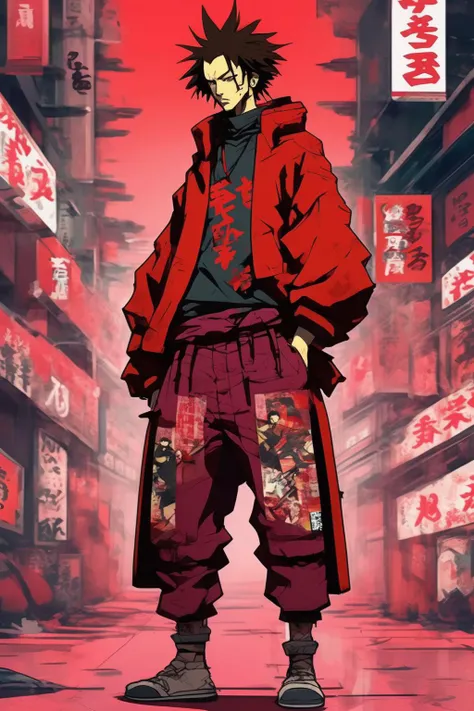<lora:Liam Wong Style:1>Liam Wong Style - cool russian mugen from samurai champloo hypebeast wearing anime styled clothes standing in cyberpunk tokyo