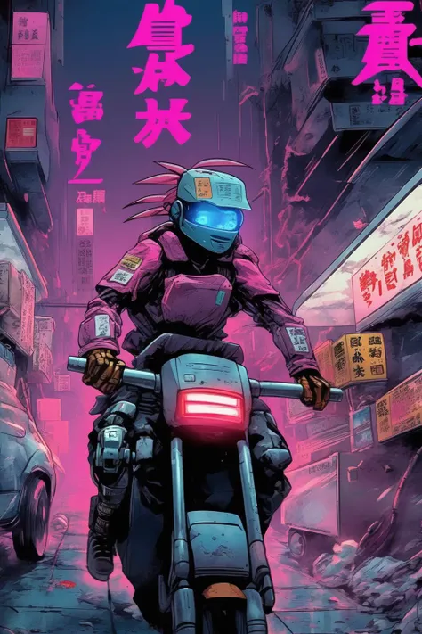<lora:Liam Wong Style:1>Liam Wong Style - gunnm manga, cyberpunk delivery driver, fighting for his life while delivering food in a dark city at the edge of the world