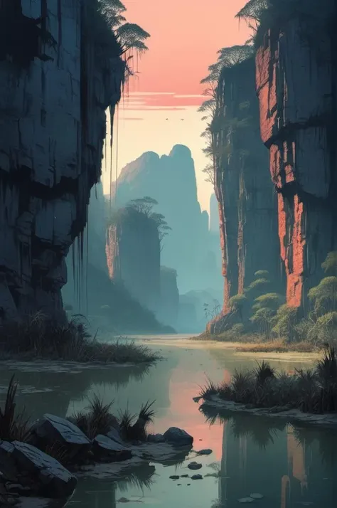 <lora:Liam Wong Style:1>Liam Wong Style, swamp valley surrounded by high rocky cliffs,
dawn,
dawn,