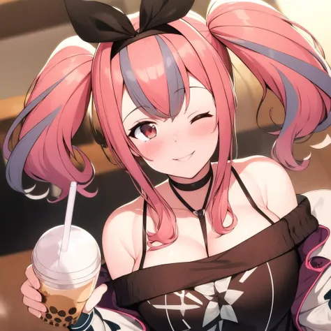 Tabletop, Highest quality, shape, Very detailed, In detail, High resolution, 8k wallpaper, Perfect dynamic composition, Beautiful attention to detail, ,Medium Hair、Natural color lips, Bold sexy pose,((One 20-year-old girl with purple hair))、Small underwear、Big Breasts、Big Ass、Inside a fast food restaurant、I'm drinking juice、smile、cute、sexy shot looking at camera、