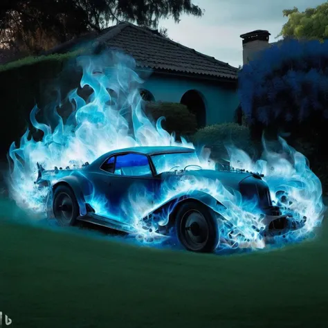 A car was driving in the garden, blue flame  <lora:[XL]bluefire:1>