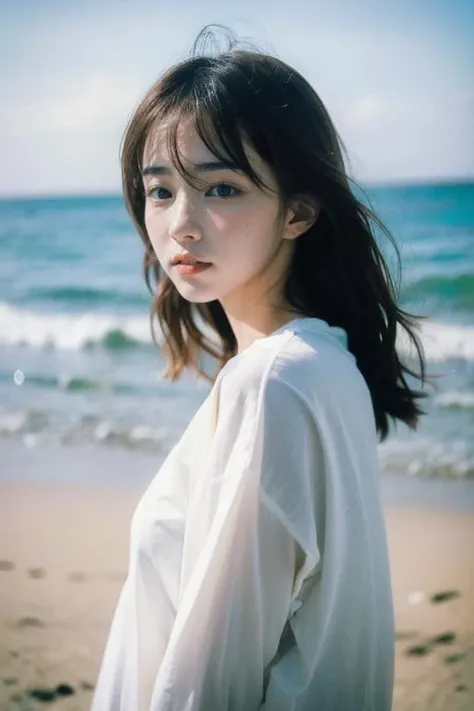 Best quality, masterpiece, ultra high res, (close up, face focus:1.2) (photorealistic:1.4), raw photo, 1girl, detailed face, detailed eyes, offshoulder, dramatic lighting, sunset, shiny skin, ((low contrast)), ((low saturation)), lockeroom, nude, ((small Brest)), pink 2nipples