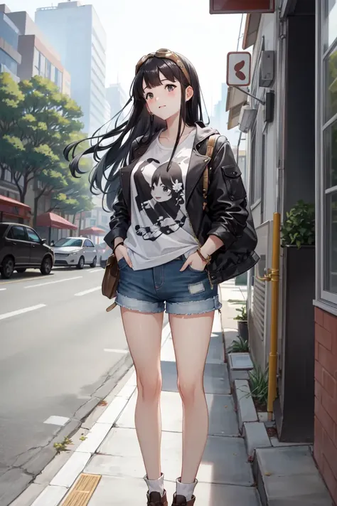 masterpiece, best quality, absurdres, perfect anatomy, 1girl, solo, Jessica, long hair, bangs, graphic tee, denim shorts, standing, outdoors, city, hands in pockets, goggles, goggles on head