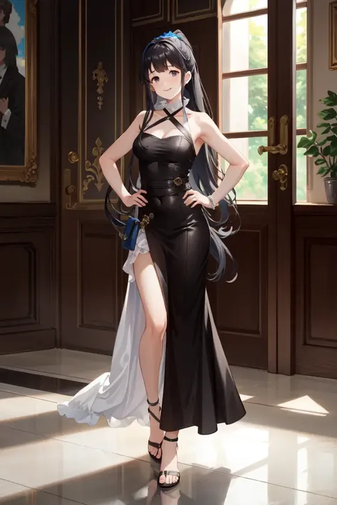 masterpiece, best quality, absurdres, perfect anatomy, 1girl, solo, Jessica, long hair, ponytail, elegant, long dress, blue dress, halterneck, smile, indoors, reflective floor, ball room, standing, hand on hips