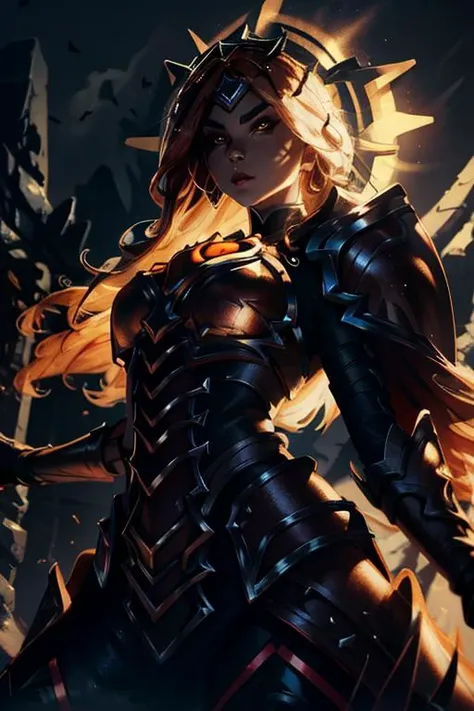((masterpiece, ultra detailed)), concept art, illustration, digital art, 1girl, solo, mature woman, <lora:Solar_Eclipse_Leona_V1:1>, Solar_Eclipse_Leona, (orange_hair), ((stunningly beautiful)), large breasts, beautiful eyes, beautiful body, dynamic pose, battle-stance ready, stylish pose, <lora:lowra:0.5>, dark theme, hdr, bloom, glowing, high intensity lighting, backlight, cinematic lighting, soft lighting, natural lighting, dramatic lighting, dark lighting, (ornate), intricate, highly detailed, hyper realistic, trending on artstation, award winning, fascinating, elegant, RAW photo, absurdres, highres, 4k, studio quality, octane render, 8k uhd, close-up