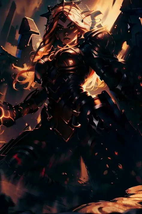 ((masterpiece, ultra detailed)), concept art, illustration, digital art, 1girl, solo, mature woman, <lora:Solar_Eclipse_Leona_V1:1>, Solar_Eclipse_Leona, (orange_hair), ((stunningly beautiful)), large breasts, beautiful eyes, beautiful body, dynamic pose, battle-stance ready, stylish pose, <lora:GlowingRunes:1>, orange runes, <lora:lowra:0.5>, dark theme, hdr, bloom, glowing, high intensity lighting, backlight, cinematic lighting, soft lighting, natural lighting, dramatic lighting, dark lighting, (ornate), intricate, highly detailed, hyper realistic, trending on artstation, award winning, fascinating, elegant, RAW photo, absurdres, highres, 4k, studio quality, octane render, 8k uhd, close-up