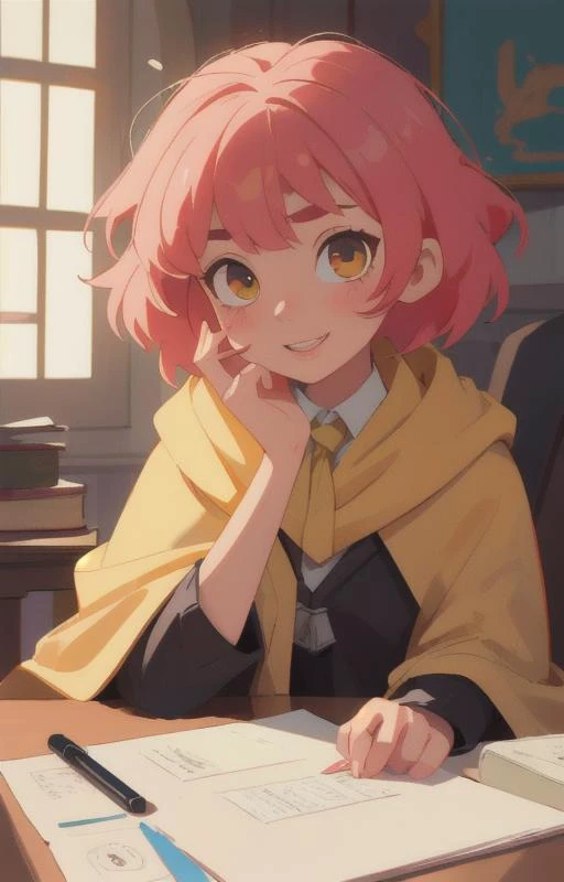 1girl, short pink hair,(hufflepuff House Cloak),( inner cloak yellow:1), (outer cloack black:1),yellow eyes, looking at viewer, solo, upper body,(masterpiece:1.4),(best quality:1.4),red lips,parted lips, ((hogwarts castle:1)),(indoor castle:1),dramatic shadows,extremely_beautiful_detailed_anime_face_and_eyes,an extremely delicate and beautiful,dynamic angle, cinematic camera, dynamic pose,depth of field,chromatic aberration,backlighting,Watercolor, Ink, epic, candystyle,(cute:1),happy,vibrant,colorful,pop,