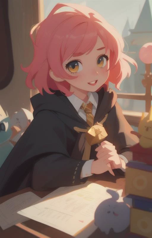 1girl, short pink hair,(hufflepuff House Cloak),( inner cloak yellow:1), (outer cloack black:1),yellow eyes, looking at viewer, solo, upper body,(masterpiece:1.4),(best quality:1.4),red lips,parted lips, ((hogwarts castle:1)),(indoor castle:1),dramatic shadows,extremely_beautiful_detailed_anime_face_and_eyes,an extremely delicate and beautiful,dynamic angle, cinematic camera, dynamic pose,depth of field,chromatic aberration,backlighting,Watercolor, Ink, epic, candystyle,(cute:1),happy,vibrant,colorful,pop,
