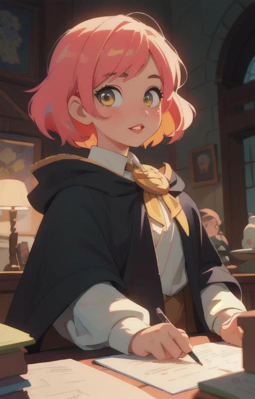1girl, short pink hair,(hufflepuff House Cloak),( inner cloak yellow:1), (outer cloack black:1),yellow eyes, looking at viewer, solo, upper body,(masterpiece:1.4),(best quality:1.4),red lips,parted lips, ((hogwarts castle:1)),(indoor castle:1),dramatic shadows,extremely_beautiful_detailed_anime_face_and_eyes,an extremely delicate and beautiful,dynamic angle, cinematic camera, dynamic pose,depth of field,chromatic aberration,backlighting,Watercolor, Ink, epic, candystyle,(cute:1),happy,vibrant,colorful,pop,