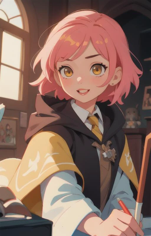 1girl, short pink hair,(hufflepuff House Cloak),( inner cloak yellow:1), (outer cloack black:1),yellow eyes, looking at viewer, solo, upper body,(masterpiece:1.4),(best quality:1.4),red lips,parted lips, ((hogwarts castle:1)),(indoor castle:1),dramatic shadows,extremely_beautiful_detailed_anime_face_and_eyes,an extremely delicate and beautiful,dynamic angle, cinematic camera, dynamic pose,depth of field,chromatic aberration,backlighting,Watercolor, Ink, epic, candystyle,(cute:1),happy,vibrant,colorful,pop,