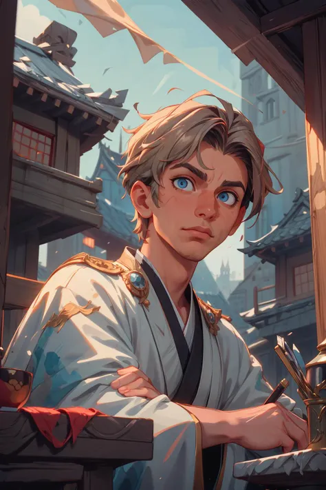 (masterpiece:1.4), (best quality:1.4), depth of field, chromatic aberration, vibrant, colorful, Watercolor, Ink, <lora:add_detail:1>, <lora:realistic:0.25>, <lora:sharpen-soften:-0.25>, <lora:kittew_v0.1:0.5>, <lora:stylesqueeze_v1b:1.0>,
(1man, thin adult european male:1.2), blue eyes, medium blonde hair, razor cut,
portrait, focus on character, looking up, solo, half shot, detailed background, detailed face, (feudal japan theme:1.1), royal ruler, sitting on throne, palace terrace background, overlooking city, symmetrical composition, sidelighting, cinematic atmosphere, royal crown, jewels,
