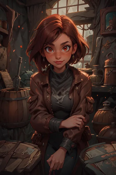 (masterpiece:1.4), (best quality:1.4), depth of field, chromatic aberration, 3d animated cartoon, vibrant, colorful, Watercolor, Ink, <lora:add_detail:1>, <lora:realistic:0.25>, <lora:sharpen-soften:-0.25>, <lora:kittew_v0.1:0.5>, <lora:stylesqueeze_v1b:1.0>,
1 girl, adult woman, freckles, red eyes, medium brown hair flaps,
looking at viewer, solo, (full body:0.6), detailed background, detailed face, (<lora:WoodIronAIv2:0.6>, WoodIronAI industrial, theme:1.1), smirk, rogue, (crouched position:0.75), rugged dark leather clothes, straps, lockpick, high fantasy medieval setting, dark port pier background, stealth, illegal, suspicious, secret, shady dealings, stolen goods, (barrels in background:0.8), secret passage, grunge atmosphere,