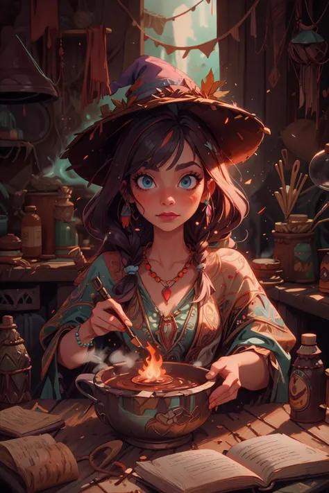 (masterpiece:1.4), (best quality:1.4), depth of field, chromatic aberration, 3d animated cartoon, vibrant, colorful, Watercolor, Ink, <lora:add_detail:1>, <lora:realistic:0.25>, <lora:sharpen-soften:-0.25>, <lora:kittew_v0.1:0.5>, <lora:stylesqueeze_v1b:1.0>,
1 girl, adult (elven:0.7) woman, blue eyes, copper fishtail braid,
(style-swirlmagic:1.0), looking at viewer, solo, upper body, detailed background, detailed face, (<lora:BohoAI:0.6>, bohoai, boho theme:1.1), forest witch, wearing (light blue:0.7) witch hat, beaded necklace, rustic hut in the forest, indoors, cluttered dirty kitchen, old tattered book, kitchen mortar, steaming iron cauldron, incense, small sacks, corked bottles, herbs, mushrooms, natural remedies, vials, roots, casting spell, (purple:0.7) magic airwaves, floating particles, dark sinister atmosphere, dim lighting