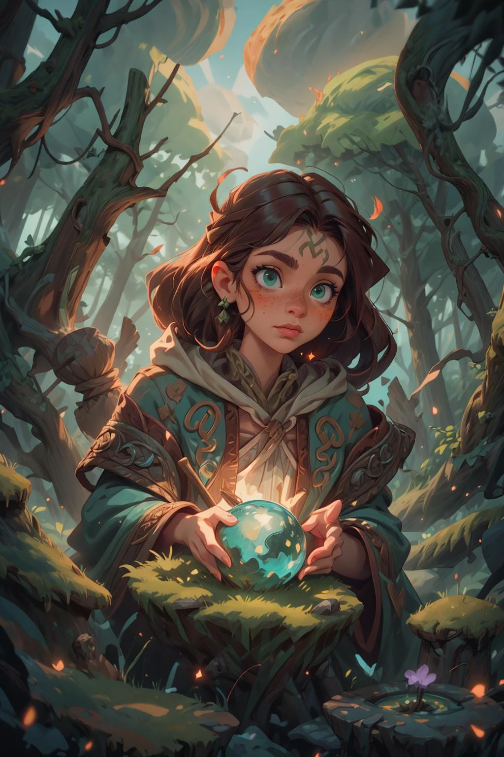 (masterpiece:1.4), (best quality:1.4), depth of field, chromatic aberration, 3d animated cartoon, vibrant, colorful, Watercolor, Ink, <lora:add_detail:1>, <lora:realistic:0.25>, <lora:sharpen-soften:-0.25>, <lora:kittew_v0.1:0.5>, <lora:stylesqueeze_v1b:1.0>,
1 girl, adult woman, freckles, green eyes, brown quiff hair,
focus on character portrait, solo, (full body:0.6), looking down, detailed background, detailed face, (<lora:CeltPunkAI:0.5>, CeltPunkAI, barbarian celtic theme:1.1), druid, wearing natural colored brown flowing robes, hood, leather, sitting, restoration spell, spell, glowing orbs, floating particles, moss, roots, stones, violets, starry sky, backlighting, forest canopy in background, natural mysterious atmosphere,