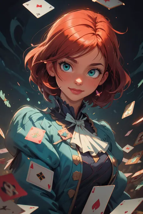 (masterpiece:1.4), (best quality:1.4), depth of field, chromatic aberration, vibrant, colorful, Watercolor, Ink, <lora:add_detail:1>, <lora:realistic:0.25>, <lora:sharpen-soften:-0.25>, <lora:kittew_v0.1:0.5>, <lora:stylesqueeze_v1b:1.0>,
1 girl, adult woman, teal eyes, ginger twin drills hair,
solo, upper body, detailed background, detailed face, (renaissance theme:1.1), [wide smile, (card-wizard:1.05), gambler, light blue magician outfit, dynamic pose, (cards floating in the air:1.15), green magic glowing lights in background, updraft, ethereal atmosphere,
