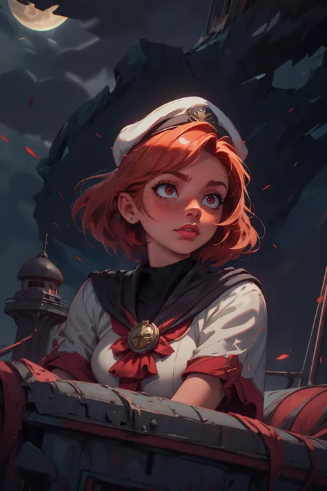 (masterpiece:1.4), (best quality:1.4), depth of field, chromatic aberration, vibrant, colorful, Watercolor, Ink, <lora:add_detail:1>, <lora:realistic:0.25>, <lora:sharpen-soften:-0.25>, <lora:kittew_v0.1:0.5>, <lora:stylesqueeze_v1b:1.0>,
1 girl, adult (elven:0.7) woman, freckles, red eyes, medium blonde lob hair,
portrait, solo, upper body, looking up, detailed background, detailed face, (<lora:LunarPunkAI:0.6>, LunarPunkAI theme:1.1), ship captain, confident, pink sailor uniform, formal cape, admiral's cap, on deck of ship, rail, storm in background, sunny, strategy, epic atmosphere,