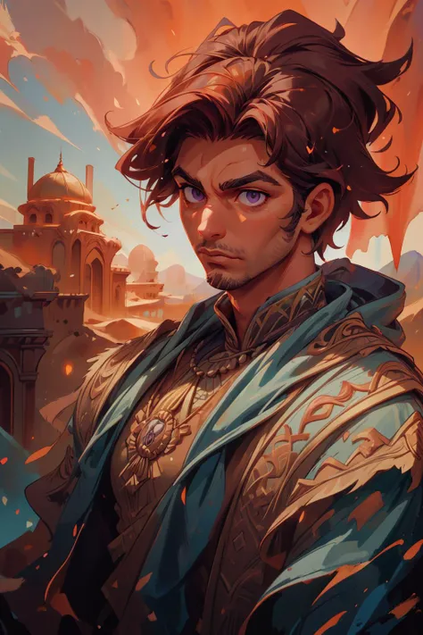(masterpiece:1.4), (best quality:1.4), depth of field, chromatic aberration, vibrant, colorful, Watercolor, Ink, <lora:add_detail:1>, <lora:realistic:0.25>, <lora:sharpen-soften:-0.25>, <lora:kittew_v0.1:0.5>, <lora:stylesqueeze_v1b:1.0>,
(1man, muscular adult male:1.2), purple eyes, dark red hair, clean-shaven,
solo, upper body, looking at viewer, detailed background, detailed face, (<lora:1001ArabianNightsV3:0.6>, 1001ArabianNights theme:1.1) middle-eastern desert aristocrat, light blue mongolian garments, shawl, tribal motifs, dynamic pose, stoic expression, persian culture, cliffs in background, sunshine, arid climate, cinematic atmosphere,
