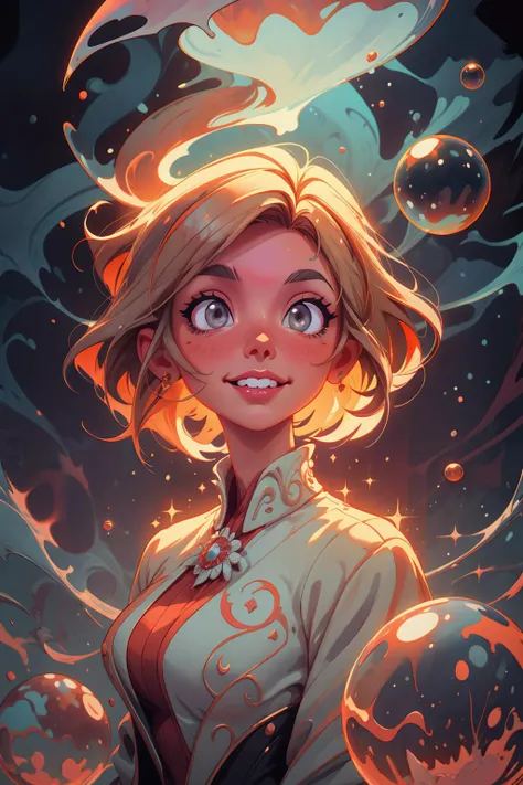 (masterpiece:1.4), (best quality:1.4), depth of field, chromatic aberration, 3d animated cartoon, vibrant, colorful, Watercolor, Ink, <lora:add_detail:1>, <lora:realistic:0.25>, <lora:sharpen-soften:-0.25>, <lora:kittew_v0.1:0.5>, <lora:stylesqueeze_v1b:1.0>,
1 girl, adult (elven:0.7) woman, grey eyes, medium blonde razor cut hair,
portrait, solo, (full body:0.6), looking up, detailed background, detailed face, (<lora:1970RetroFuturism:0.6>, 1970retrofuturism, 1970s theme:1.1), bubble-mage, smiling, casting spell, orange sorcerer robes, surrounded by magical colorful bubbles, floating orbs, large bubbles, wisps of magic, floating sparkling particles, reflections, ethereal aura, bubbles in background, intricate patterns, fog, ethereal atmosphere,