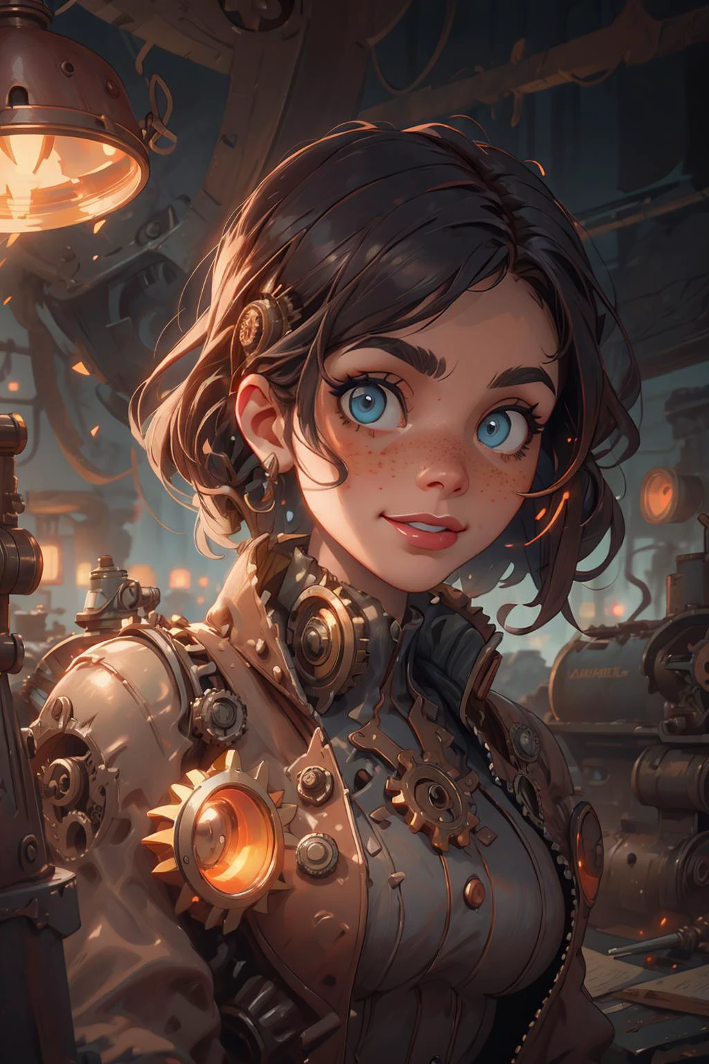 (masterpiece:1.4), (best quality:1.4), depth of field, chromatic aberration, vibrant, colorful, Watercolor, Ink, <lora:add_detail:1>, <lora:realistic:0.25>, <lora:sharpen-soften:-0.25>, <lora:kittew_v0.1:0.5>, <lora:stylesqueeze_v1b:1.0>,
1 girl, adult woman, freckles, light blue eyes, copper twin drills hair,
(style-rustmagic:0.8), (medieval cyborg:0.8), portrait, looking at viewer, solo, upper body, detailed background, (<lyco:SteamPunkBundleV3:0.4>, steampunkai, steampunk theme:1.1) crazed smile, bright clouds tinkerer, floating lights, orange mechanical armor with gears, techwear, goggles, war machines on battlefield in background, machines, gears, soot, gauges, buttons, levers, rivets, automaton, electricity, electric sparks