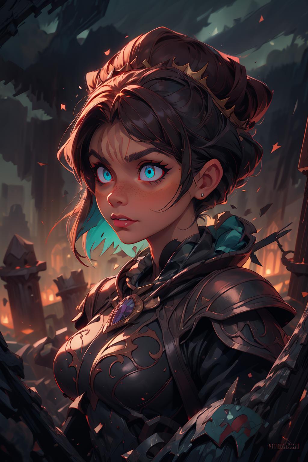 A woman with blue eyes and a black outfit stands in front of a tree ...