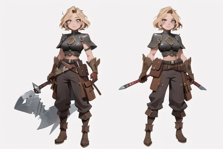 1woman, solo, armor, pauldrons, <lora:BarbarianT-18:0.8>, BarbarianT, muscular female, bare body builder abs, ((masterpiece: 1.4, perfect face, best quality: 1.2)), ultra highly detailed, detailed eyes, delicate hair details, armor faulds, fantasy crop top, arm armor, armor greaves, furry tippet, large breasts, sexy eyes, devilish grin, mixed blonde hair, extremely messy large shag hair cape, many braids and beads in hair, intricate details, hazel eyes, eyeliner, eyelashes, crossed_bangs, warpaint, one bare muscular armor with viking design tattoo, wide striped puffy sleeves, multicolor sleeves, tribal design asymmetrical lion cloths, leather boots, wide striped baggy pants trousers, tassel belt accessories, barbarian woman, brown leather hip belt with pouch on right side of hip, sword sheath on left side of hip belt, leather gloves with fur trim, saturated brown tones, nordic, fantasy aesthetic,(flat saturated colors), fine details, intense,(lineart:1.33), charactersheet, reference sheet, multiple views, white background