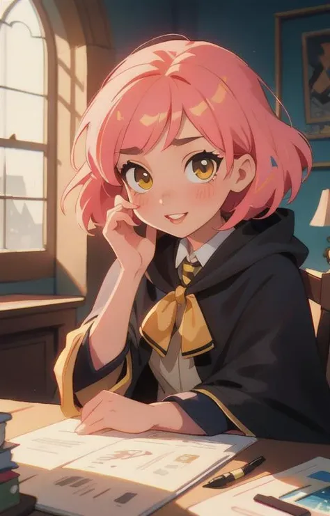 1girl, short pink hair,(hufflepuff House Cloak),( inner cloak yellow:1), (outer cloack black:1),yellow eyes, looking at viewer, solo, upper body,(masterpiece:1.4),(best quality:1.4),red lips,parted lips, ((hogwarts castle:1)),(indoor castle:1),dramatic shadows,extremely_beautiful_detailed_anime_face_and_eyes,an extremely delicate and beautiful,dynamic angle, cinematic camera, dynamic pose,depth of field,chromatic aberration,backlighting,Watercolor, Ink, epic, candystyle,(cute:1),happy,vibrant,colorful,pop,