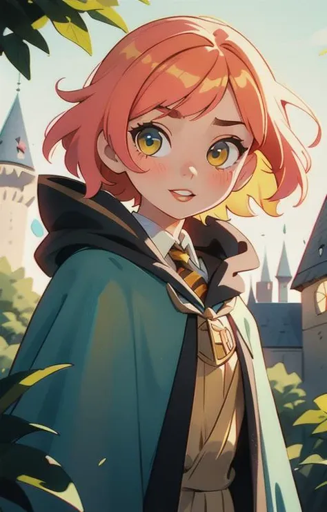 1girl, short pink hair,(hufflepuff House Cloak),( inner cloak yellow:1), (outer cloack black:1),yellow eyes, looking at viewer, solo, upper body,(masterpiece:1.4),(best quality:1.4),red lips,parted lips, ((hogwarts castle:1)),indor,dramatic shadows,extremely_beautiful_detailed_anime_face_and_eyes,an extremely delicate and beautiful,dynamic angle, cinematic camera, dynamic pose,depth of field,chromatic aberration,backlighting,Watercolor, Ink, epic, candystyle,chibi style,cute,happy,vibrant,colorful,nature,pop,