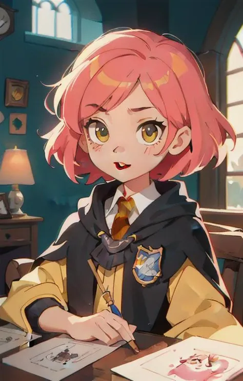 1girl, short pink hair,(hufflepuff House Cloak),( inner cloak yellow:1), (outer cloack black:1),yellow eyes, looking at viewer, solo, upper body,(masterpiece:1.4),(best quality:1.4),red lips,parted lips, ((hogwarts castle:1)),(indoor castle:1),dramatic shadows,extremely_beautiful_detailed_anime_face_and_eyes,an extremely delicate and beautiful,dynamic angle, cinematic camera, dynamic pose,depth of field,chromatic aberration,backlighting,Watercolor, Ink, epic, candystyle,chibi style,cute,happy,vibrant,colorful,nature,pop,