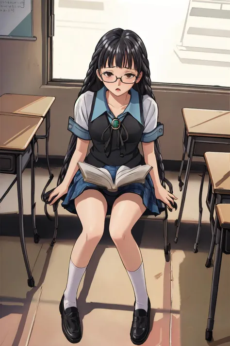 masterpiece, best quality, solo, 1girl, full body, sitting at desk, (classroom:1.5),<lora:Sakajo_Hikaru_v2-000190:0.9:lbw=MIDD>, glasses, black hair, school uniform, serafuku, plaid skirt, twin braids, red eyes, blue sailor collar, white lace panties, green brooch, medium breasts, thicc thighs, (black vest:1.2) (very long hair, straight hair:1.5), (white socks, black shoes:1.2), loafers, pov, shy, embarrassed, closeup, reading a book, from above,