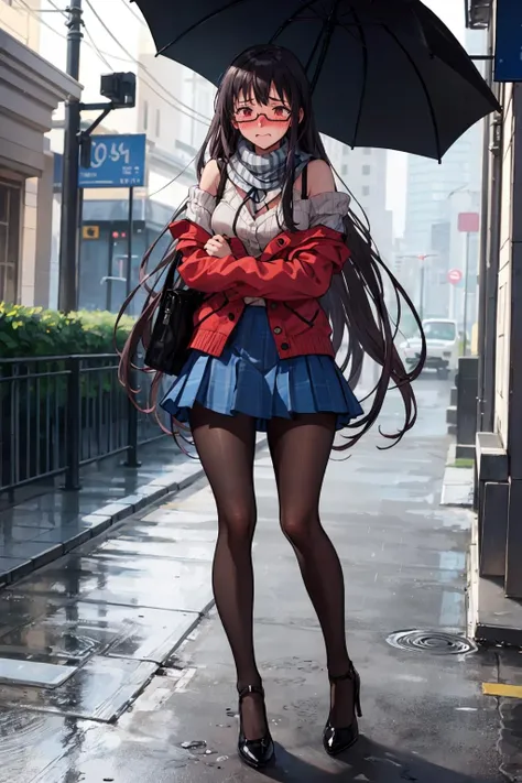 masterpiece, best quality, solo, 1girl, (full body:1.3), outdoors, heavy rain, holding an umbrella, standing outside library, <lora:Sakajo_Hikaru_v6-000055:0.5>, glasses, black hair, single long braid, red eyes, medium breasts, thicc thighs, (very long hair:1.5), (black pantyhose:1.2), woolen sweater, off-shoulder, bra straps, scarf, black skirt, high heels, raincoat, handbag, (shy, embarrassed:1.5)