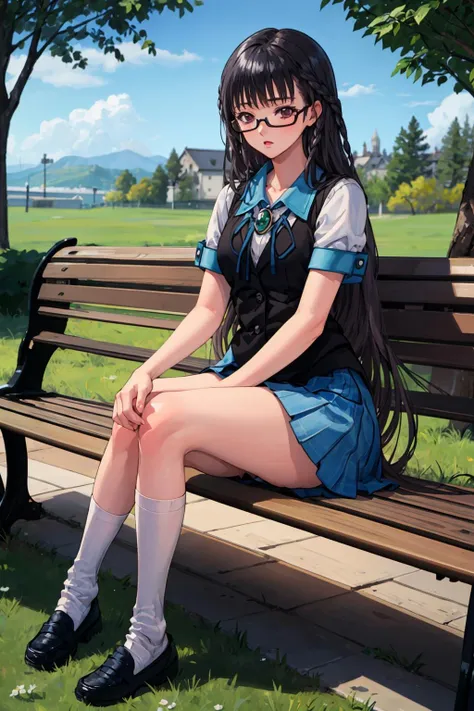 masterpiece, best quality, solo, 1girl, (full body:1.3), outdoors, sitting on a bench, park, grass, trees, bright sunny afternoon, dynamic camera angle, crowded, <lora:Sakajo_Hikaru_v6-000055:0.8>, glasses, black hair, school uniform, serafuku, plaid skirt, pleated skirt, twin braids, red eyes, blue sailor collar, white lace panties, green brooch, medium breasts, thicc thighs, (black vest:1.2) (very long hair, straight hair:1.5), (kneehighs, white socks, black loafers:1.1), hands on thighs,