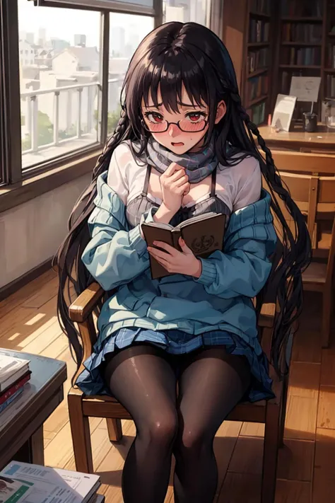 masterpiece, best quality, solo, 1girl, pov, indoors, sitting on a wooden chair, reading a book, library, <lora:Sakajo_Hikaru_v6-000055:0.5>, glasses, black hair, (single long braid:1.3), red eyes, medium breasts, thicc thighs, (very long hair:1.5), (black pantyhose:1.2), woolen sweater, off-shoulder, bra straps, scarf, black skirt, high heels, raincoat on top of chair, handbag, (shy, embarrassed:1.5)