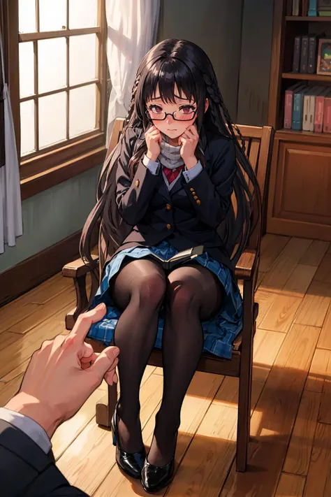 masterpiece, best quality, solo, 1girl, pov, indoors, sitting on a wooden chair, reading a book, library, <lora:Sakajo_Hikaru_v6-000055:0.5>, glasses, black hair, (single long braid:1.3), red eyes, medium breasts, thicc thighs, (very long hair:1.5), (black pantyhose:1.2), woolen sweater, scarf, black skirt, high heels, handbag, (shy, embarrassed:1.5)