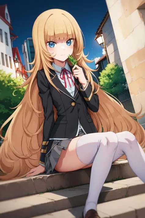 masterpiece, best quality, SvnV4, 1girl, solo, sitting, outdoors, city alley, steps, night, school uniform, skirt, thighhighs, white thighhighs, upper body, shirt, ribbon, blazer, jacket, white shirt, red ribbon, black jacket, dutch angle, neck ribbon, <lora:MrFV4-10:1>