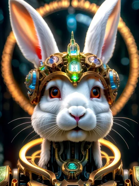 a HDR photograph of a rabbit halo, intricate cyberpunk robot, highly detailed, soft bokeh, art by mooncryptowow and popular science <lora:wowifierXL:0.8>