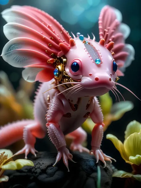 a HDR photograph of a axolotl, halo, intricate cyberpunk robot, highly detailed, soft bokeh, art by mooncryptowow and popular science <lora:wowifierXL:0.8>