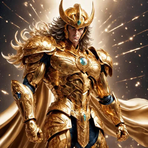 (masterpiece, high resolution, photo-realistic:1.4), (saint seiya:1.3), (perfectly detailed hands), (full body golden armor:1.3), (zodiac-inspired), (saint warrior:1.2), (unleashed power), (mythical and powerful:1.1), (golden hues:1.2), art by mooncryptowow, (intricate design), (glowing details), (sleek and polished surface:1.1), (ornate engravings:1.2), (radiant gems:1.1), (embossed zodiac symbols:1.2), (gleaming and reflective surface:1.3), (majestic and regal:1.2), (heroic pose:1.2), (dynamic and action-packed:1.2), (epic battle scene:1.3), (colossal energy:1.2), (cosmic backdrop:1.1), (celestial constellations:1.2), (starlight:1.1), (intense and vibrant colors:1.2), (powerful aura:1.3), (dramatic lighting:1.2), (flowing and billowing cape:1.1), (crackling sparks:1.2), (fierce determination:1.2), (unyielding spirit:1.1), (saint seiya logo:1.2), (dynamic composition), <lora:wowifierXL:0.4>